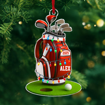 Red Golf Bag Acrylic Ornament, Custom Name Golf Ornament, Christmas Golf Gift, Custom Golf Gift
