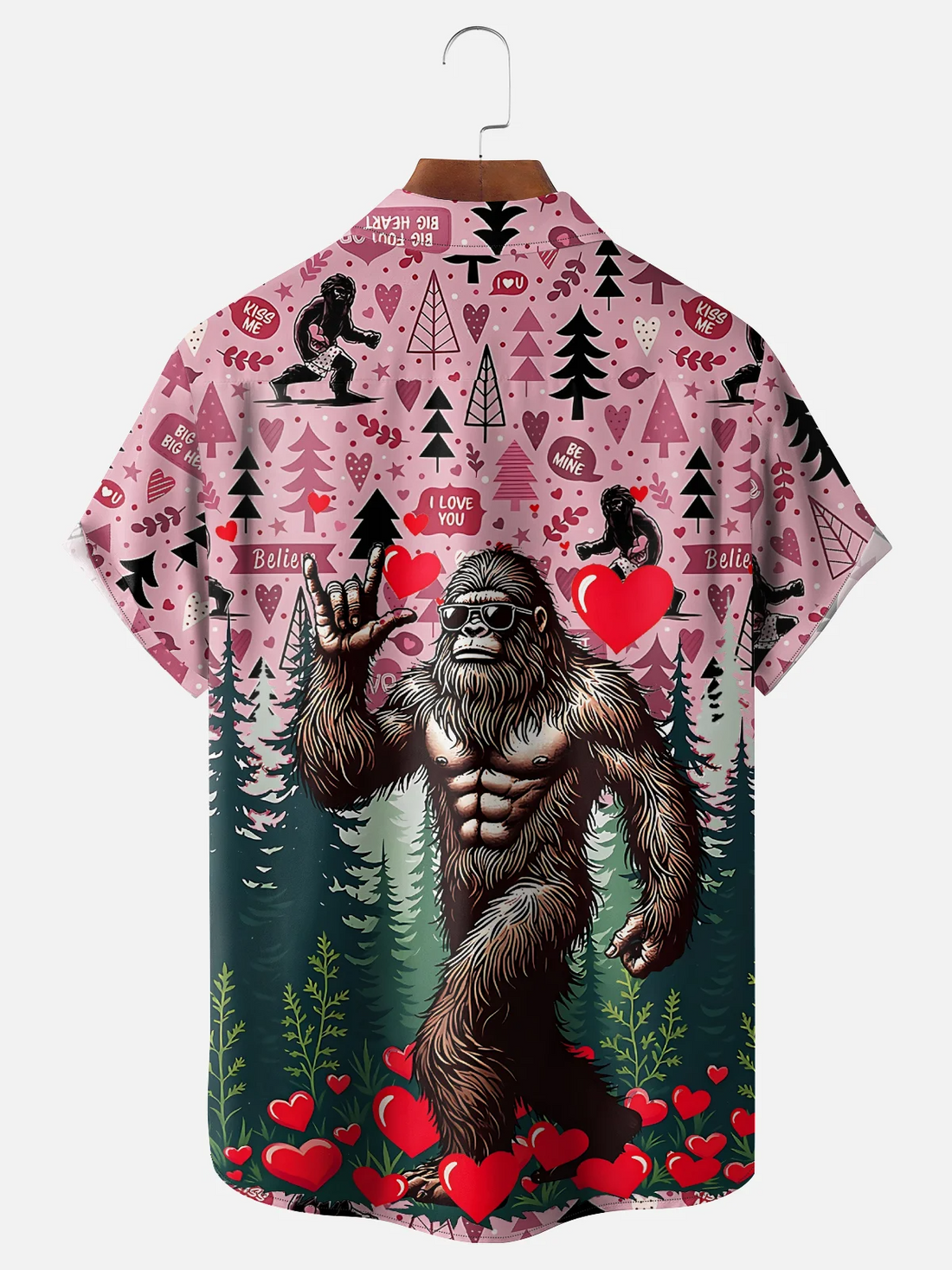 Valentine's Day Bigfoot Fun Heart Hawaiian Golf Shirt, Valentine Golf Gift, Tropical Vibe Funny Golf Shirt