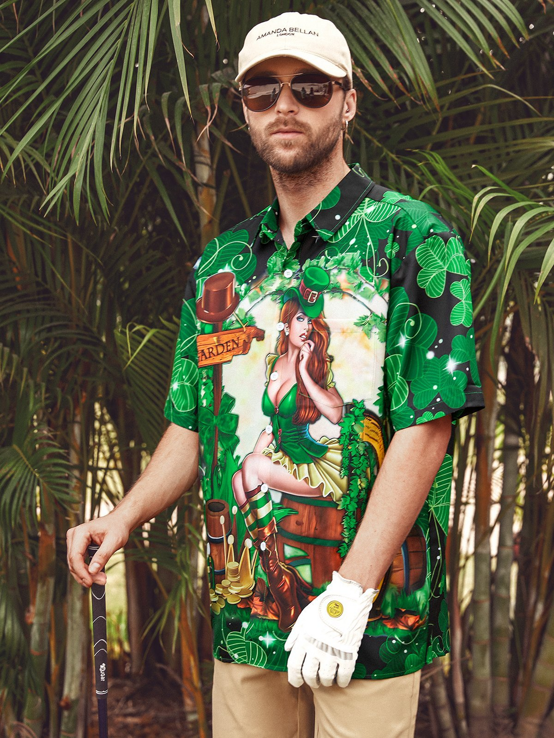 Green St. Patrick's Day Lucky Clover Gold Coins Beauty Hawaiian Golf Shirt, Tropical Vibe Men's Golf Shirt