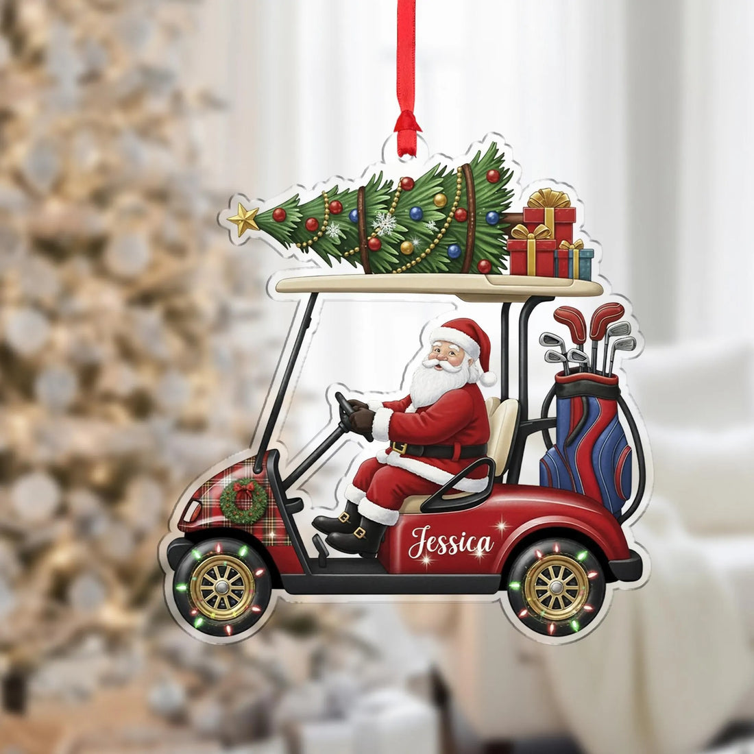 Personalized Santa In Golf Cart Ornament, Acrylic Ornament, Christmas Tree Ornaments, Gift For Golfer