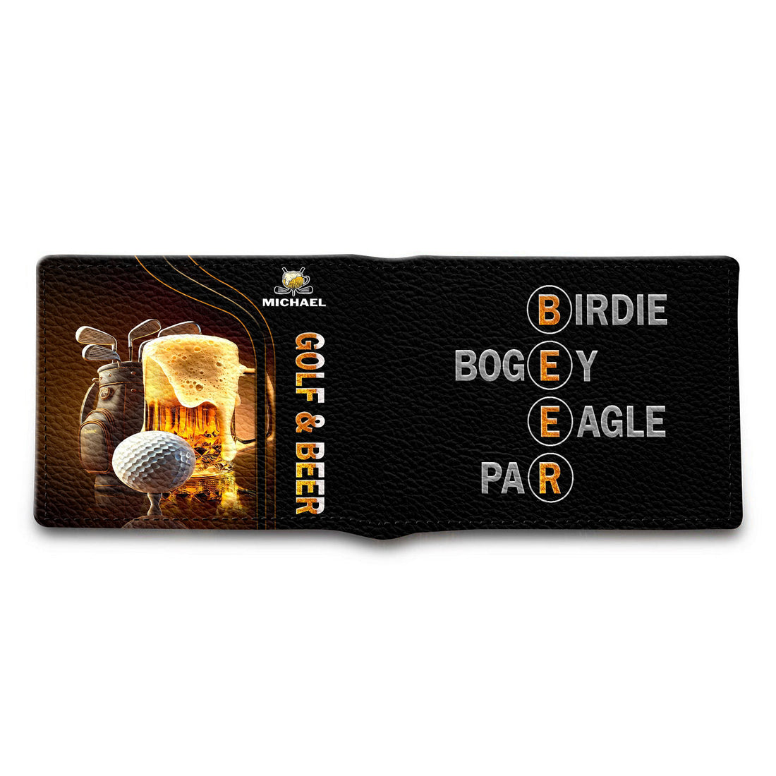 Personalized Golf And Beer Mens Leather Wallet, Leather Bifold Wallets, Mens Golf Gift