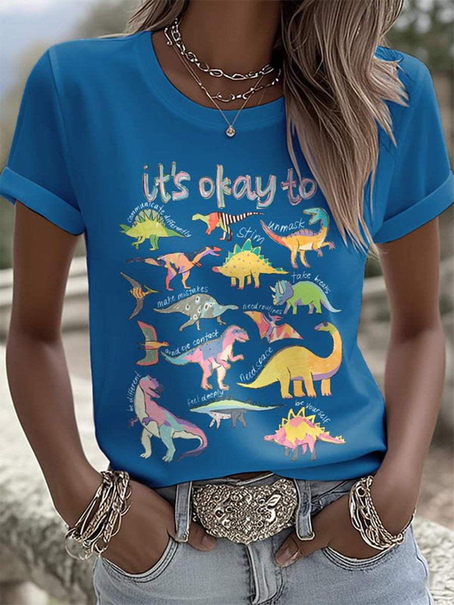 Women's It’s Ok To Be Different Autism Dinosaur Printed t-shirt, Autism Awareness Shirt, Autistic Gifts For Adults